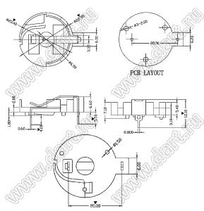 SN-2032-1 (BS-3-1, KLS5-CR2032-03) держатель элемента питания 2032 в плату горизонтальный