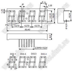 BJ5466EG индикатор светодиодный; 0.56"; 4-разр.; 7-сегм.; желто-зеленый; общий катод