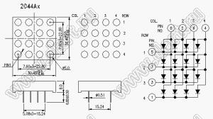 BJ2044AY матрица светодиодная точечная; 1,1"; 30,4x30,4мм; желтый; общий катод; 4x4 (точек); d точки=5,0мм; P=7,60мм; габариты 30,4x30,4x8мм; 8/2/6/4