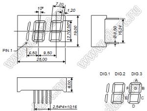 BJ5302DG индикатор светодиодный; 0.5"; 2,5-разр.; 7-сегм.; желто-зеленый; общий анод