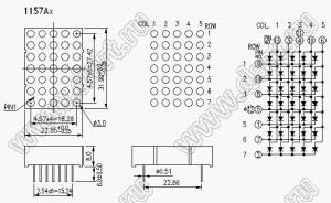 BJ1157AY матрица светодиодная точечная; 1,2"; желтый; общий катод; 13/3/11,4/10/6; 32,0x22,85мм; 5x7 (точек); d точки=3,0мм; P=4,57мм; габариты 22,85x31,99x8мм