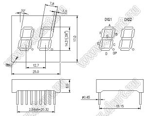 BJ5265BPG индикатор светодиодный; 0.56"; 2-разр.; 7-сегм.; зеленый; общий анод