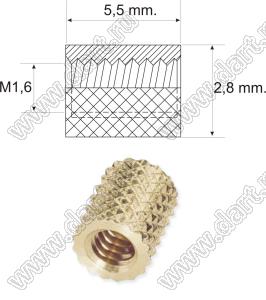 BL-CHS-1.6 втулка резьбовая закладная; L=5,5мм; D=2,8мм; M1.6; латунь