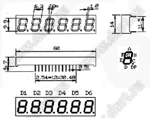 BJ3961AG индикатор светодиодный; 0.39"; 6-разр.; 7-сегм.; желто-зеленый; общий катод