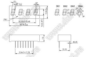 BJ3494BG индикатор светодиодный; 0.39"; 4-разр.; 7-сегм.; желто-зеленый; общий катод