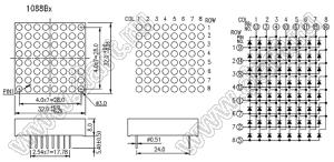 BJ1088BH матрица светодиодная точечная; 1,2"; красный; общий анод; 13/3/4/10/6/11/15/16; 32,0x32,0мм; 8x8 (точек); d точки=3,0мм; P=4,00мм; габариты 32x32x8мм