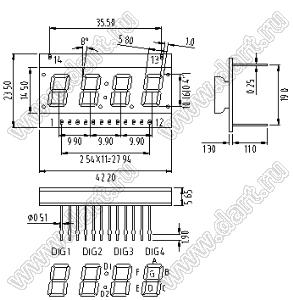 BJ40403LE индикатор светодиодный; 0.4"; 4-разр.; 7-сегм.; оранжевый; общий катод