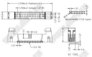 2196R-14G (SCM1.27-14R, 333014RG1CBMA01) вилка IDC угловая с защелками; шаг 1,27x1,27мм; 2x7-конт.