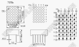 BJ757BH матрица светодиодная точечная; 0,7"; 17,8x12,7мм; красный; общий анод; 1/3/10/7/8; 5x7 (точек); d точки=1,9мм; P=2,54мм; габариты 12,7x17,8x6,3мм