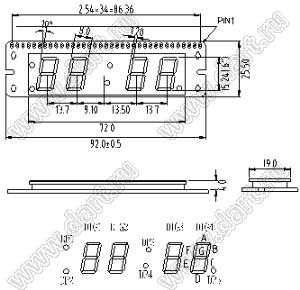 BJ40601AG индикатор светодиодный; 0.6"; 4-разр.; 7-сегм.; желто-зеленый; общий анод