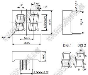 BJ5264CW индикатор светодиодный; 0.56"; 2-разр.; 7-сегм.; белый; общий катод