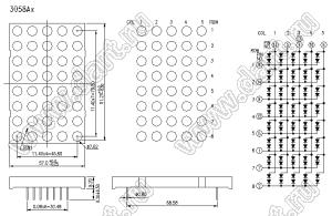 BJ3058AH матрица светодиодная точечная; 3,44"; 91,2x57,0мм; красный; общий катод; 13/3/11,4/10/6; 5x8 (точек); d точки=7,62мм; P=11,40мм; габариты 57x91,2x9,2мм