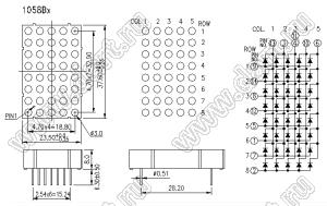 BJ1058BH матрица светодиодная точечная; 1,38"; 37,6x23,5мм; красный; общий анод; 13/3/11,4/10/6; 5x8 (точек); d точки=3,0мм; P=4,60мм; габариты 23,5x37,6x8мм