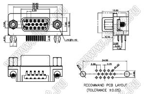 DS1038-15FY0N-B (5510-15SA-02-Y, DHR-15FB) розетка угловая D-SUB высокой плотности для пайки на плату; 15-конт.; с закладными гайками; желтый изолятор