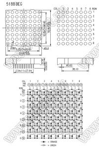 BJ5188BEG матрица светодиодная точечная; 2,0"; красный/зеленый; 50,8x50,8мм; 8x8 (точек); d точки=5,0мм; P=6,35мм; габариты 50,8x50,8x9,3мм; 5/20/6/19/7/18/8/17/9/16/10/15/11/14/12/13