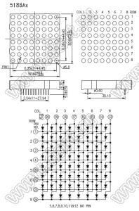 BJ5188AH матрица светодиодная точечная; 2,0"; красный; 50,8x50,8мм; 8x8 (точек); d точки=5,0мм; P=6,35мм; габариты 50,8x50,8x9,3мм; 20/19/18/17/16/15/14/13