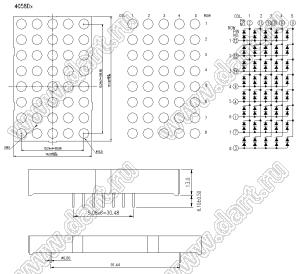 BJ4058DH матрица светодиодная точечная; 4,6"; 121,92x76,2мм; красный; 5x8 (точек); d точки=10,0мм; P=15,24мм; габариты 76,2x121,92x13мм; 2/11/5,10/8/9