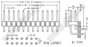 BL1225-1204R1 штыри двухрядные угловые, тип R1; шаг 2.54мм; H=2.5мм; 2x4-конт.