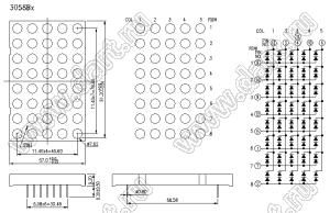 BJ3058BH матрица светодиодная точечная; 3,44"; 91,2x57,0мм; красный; общий анод; 13/3/11,4/10/6; 5x8 (точек); d точки=7,62мм; P=11,40мм; габариты 57x91,2x9,2мм