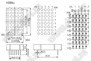 BJ1058AG матрица светодиодная точечная; 1,38"; 37,6x23,5мм; зеленый; общий катод; 13/3/11,4/10/6; 5x8 (точек); d точки=3,0мм; P=4,60мм; габариты 23,5x37,6x8мм