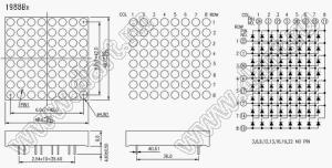 BJ1988BB матрица светодиодная точечная; 1,8"; 48,0x48,0мм; синий; общий анод; 24/2/21/5/18/8/15/11; 8x8 (точек); d точки=4,8мм; P=6,00мм; габариты 48x48x9мм