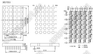BJ3057CEG матрица светодиодная точечная; 3,0"; красный/зеленый; общий катод; 1/18/2/3/13/4/12/7/10/11; 79,8x57,0мм; 5x7 (точек); d точки=7,62мм; P=10,00мм; габариты 57x79,8x8,9мм