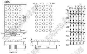 BJ2058AH матрица светодиодная точечная; 2,4"; 60,96x38,10мм; красный; общий катод; 13/3/11,4/10/6; 5x8 (точек); d точки=5,0мм; P=7,62мм; габариты 38,1x60,96x8,5мм