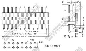 BL1220-2206R1 штыри двухрядные угловые с двойным изолятором, тип R1; шаг 2.54мм; H=2.0мм; 12-конт.