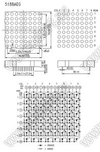 BJ5188AEG матрица светодиодная точечная; 2,0"; красный/зеленый; 50,8x50,8мм; 8x8 (точек); d точки=5,0мм; P=6,35мм; габариты 50,8x50,8x9,3мм; 5/20/6/19/7/18/8/17/9/16/10/15/11/14/12/13