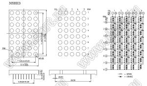 BJ3058BEG матрица светодиодная точечная; 3,44"; 91,2x57,0мм; красный/зеленый; общий анод; 1/18/2/3/13/4/12/7/10/11; 5x8 (точек); d точки=7,62мм; P=11,40мм; габариты 57x91,2x9,2мм