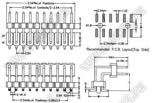 BL1215-2207M-PG штыри двухрядные SMD горизонтальные угловые с двойным изолятором с направляющими в плату; шаг 2.54мм; H=1.5мм; 2x7-конт.