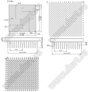 BJ1216DY матрица светодиодная точечная; 1,24"; 32,0x32,0мм; желтый; 16x16 (точек); d точки=1,6мм; P=2,00мм; габариты 32x32x3,5мм; 1/2/3/4/5/6/7/8/24/23/22/21/20/19/18/17