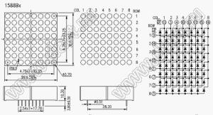 BJ1588BH матрица светодиодная точечная; 1,5"; 38,0x38,0мм; красный; общий анод; 13/3/4/10/6/11/15/16; 8x8 (точек); d точки=3,7мм; P=4,75мм; габариты 38x38x10,3мм