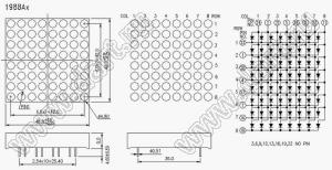 BJ1988AE матрица светодиодная точечная; 1,8"; 48,0x48,0мм; оранжевый; общий катод; 24/2/21/5/18/8/15/11; 8x8 (точек); d точки=4,8мм; P=6,00мм; габариты 48x48x9мм