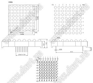 BJ2088AE матрица светодиодная точечная; 2,3"; 60,96x60,96мм; оранжевый; общий катод; 13/3/4/10/6/11/15/16; 8x8 (точек); d точки=5,0мм; P=7,62мм; габариты 60,96x60,96x13мм