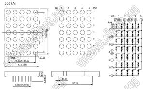 BJ3057AH матрица светодиодная точечная; 3,0"; красный; общий катод; 13/3/11,4/10/6; 79,8x57,0мм; 5x7 (точек); d точки=7,62мм; P=10,00мм; габариты 57x79,8x8,9мм