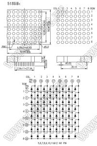 BJ5188BY матрица светодиодная точечная; 2,0"; желтый; 50,8x50,8мм; 8x8 (точек); d точки=5,0мм; P=6,35мм; габариты 50,8x50,8x9,3мм; 20/19/18/17/16/15/14/13