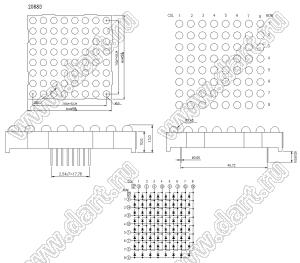 BJ2088BH матрица светодиодная точечная; 2,3"; 60,96x60,96мм; красный; общий анод; 13/3/4/10/6/11/15/16; 8x8 (точек); d точки=5,0мм; P=7,62мм; габариты 60,96x60,96x13мм