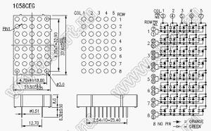 BJ1058CEG матрица светодиодная точечная; 1,38"; 37,6x23,5мм; красный/зеленый; общий катод; 3/4/5/6/7; 5x8 (точек); d точки=3,0мм; P=4,60мм; габариты 23,5x37,6x8мм