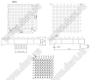 BJ2088DG матрица светодиодная точечная; 2,3"; 60,96x60,96мм; зеленый; общий анод; 1/2/3/4/12/11/10/9; 8x8 (точек); d точки=5,0мм; P=7,62мм; габариты 60,96x60,96x13мм