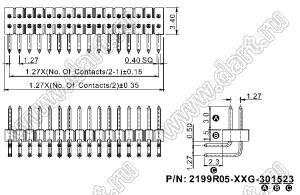 2199R05-098G-301523 вилка штыревая открытая угловая двухрядная на плату для монтажа в отверстия; шаг 1,27 x 1,27 мм; (2x49) конт.