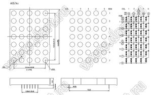 BJ4057AH матрица светодиодная точечная; 4,0"; красный; общий катод; 13/3/11,4/10/6; 106,68x76,2мм; 5x7 (точек); d точки=10,0мм; P=15,24мм; габариты 76,2x106,68x13мм