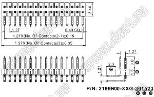 2199R00-20G-301523 вилка штыревая открытая угловая двухрядная на плату для монтажа в отверстия, шаг 1,27 x 1,27 мм, 2x10конт.