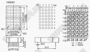 BJ1058AEG матрица светодиодная точечная; 1,38"; 37,6x23,5мм; красный/зеленый; общий катод; 1/18/2/3/13/4/12/7/10/11; 5x8 (точек); d точки=3,0мм; P=4,60мм; габариты 23,5x37,6x8мм