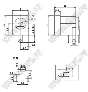 DC-005-2.0 гнездо питания угловое в плату D=6,3мм; d=2,0мм