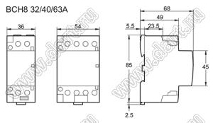 BCH8-40A 4NC AC 230V контактор на DIN-рейку; Uкат.=230В (перем.); тип контактов 4NC (4 нормально замкнутые); Iконт.=40А
