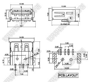 US01-255BR розетка USB2.0 на плату SMD тип A