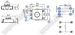 TSTP025 кнопка тактовая SMD; 6,2x6,6x2,5мм