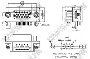 DS1038-01-15F (DHR-15FS) розетка угловая D-SUB высокой плотности уменьшенной ширины для пайки на плату; 15-конт.; с установленными стойками и закладными гайками; черный изолятор