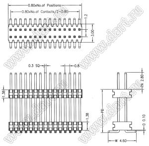 1713SMDI-2218 вилка штыревая открытая прямая двухрядная с двойным изолятором для поверхностного (SMD) монтажа; 2x18-конт.